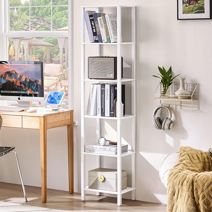 66in Tall Bookshelf 6-Tier Small Narrow Bookcase, Skinny Book Shelf for Small Space, Farmhouse Slim Shelf with Storage, Wood Freestanding Display Thin Bookshelves for Living Room, Office, White