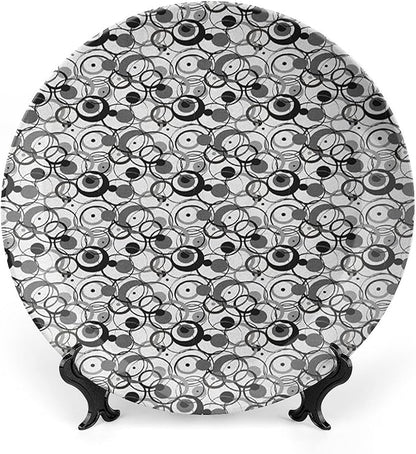Decorative Plates, Abstract Print Ornament, Monochrome Circles Dots Surreal Geometric Modern, 8 Inch, Kitchen Wall Decor, Grey Black White