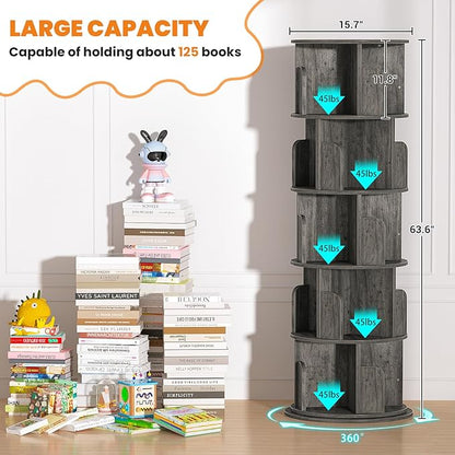 Rotating Bookshelf Tower, 5 Tier Spinning Bookcase, Revolving 360 Book Shelf Narrow Tall Bookcase, Vertical Turning Round Bookshelf Organizer, Wood Corner Book shelf for Small Space, Black Oak