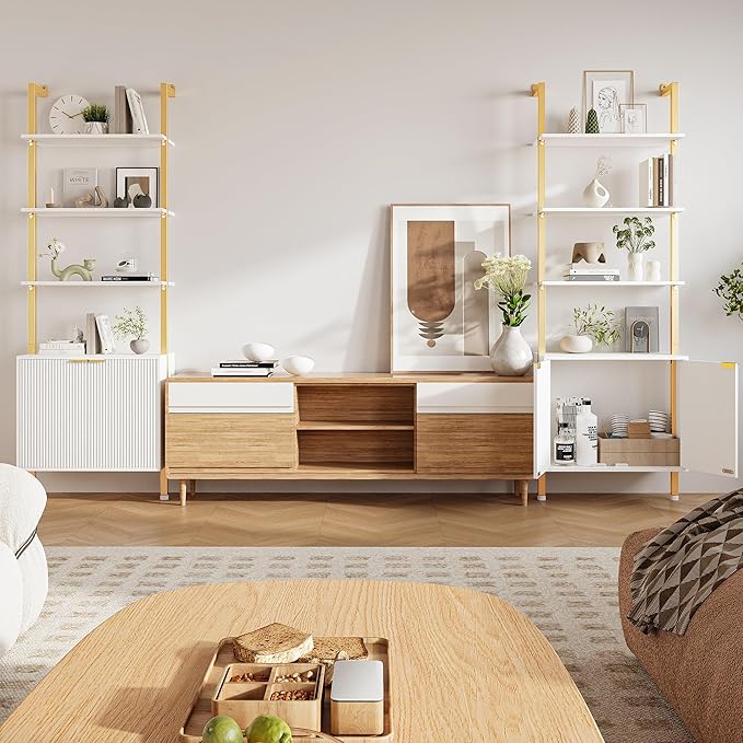 74" Tall Bookshelf with Storage Cabinet, Modern Ladder Shelf with Wood and Metal Frame, Wall Mount Bookcase Open Display Shelf Furniture for Living Room, Bedroom, Home Office, Gold