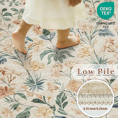 5x7 Area Rugs Washable Rug: Lagre Boho Living Room Rug Soft Non-Slip Thin Carpet Indoor Floor Non-Shedding Neutral Floral Carpets for Bedroom Dining Room Farmhouse Nursery Beige