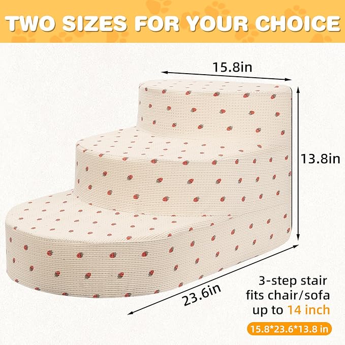 Dog Stairs for Small Dogs, Foam Steps for Small Dogs & Cats, 3 Steps Dog Ramp for High Beds, Couch, Window, Sofa, Pet Stairs with Removable Washable Cover, Non-Slip Sturdy Pet Steps, Strawberry