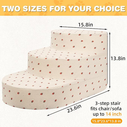 Dog Stairs for Small Dogs, Foam Steps for Small Dogs & Cats, 3 Steps Dog Ramp for High Beds, Couch, Window, Sofa, Pet Stairs with Removable Washable Cover, Non-Slip Sturdy Pet Steps, Strawberry