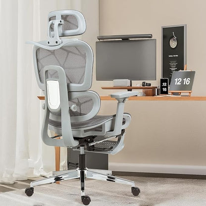 Ergonomic Mesh Office & Gaming Chair with Footrest, High Back Home Office Desk Chair, Comfortable Lumbar Support, 130° Tilt, Adjustable 3D Armrest & 2D Headrest (Grey)