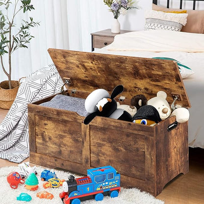 39.4" Storage Chest, Wooden Storage Bench, Lift Top Toy Chest with 2 Safety Hinges, Large Toy Box, Entryway Bench for Living Room, Bedroom, Rustic Brown