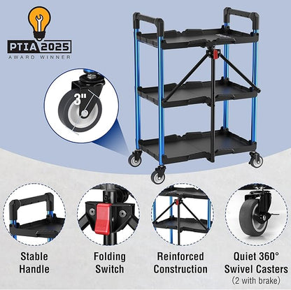 WORKPRO 3-Tier Collapsible Service Cart, 210 LBS Foldable Utility Service Cart with Wheels, Portable Tool Cart for Garage, Warehouse, Home, Restaurant, Office (No Assembly Required)