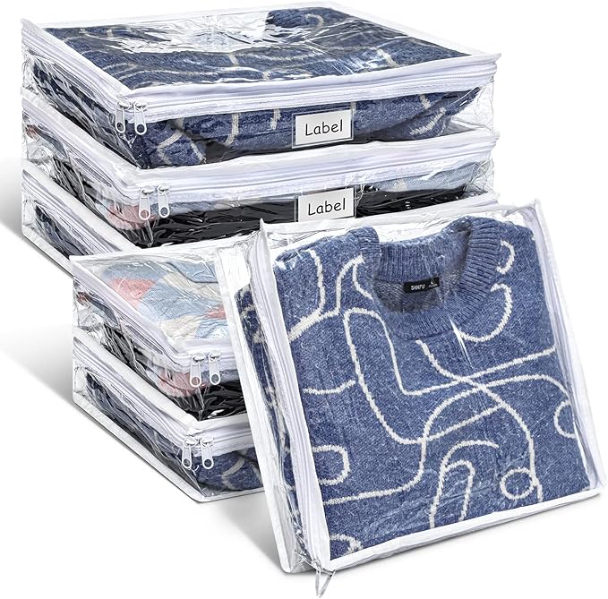Hoolerry 6 Pieces Sweater Storage Bags Plastic Clear PVC Clothes Storage Bags with Zipper and Label for Blankets Clothes Closet Quilt Pillow Bed Sheet Organizer(14.2 x 12 x 3.2 Inch)