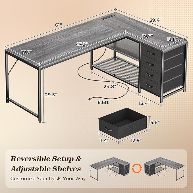 PRAISUN 61" L Shaped Desk with Power Outlets and USB-C Port, Reversible Computer Corner Office Desk with 4 Fabric Drawers and 2 Height-Adjustable Shelves, Large for Gaming Writing Work Study, Grey