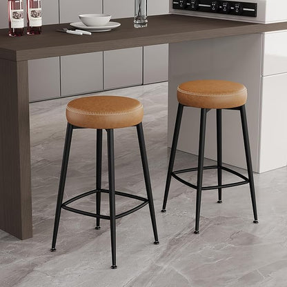 Counter Height Bar Stools, 26" H Backless Bar Stools Set of 2, Upholstered Faux Leather Kitchen Counter Stools, Mid Century Modern, Kitchen Island Home Bar, Pub, Caramel Brown