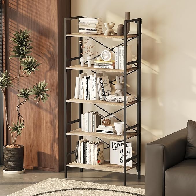 Folding Bookshelf,5 Tier Bookcase Foldable Shelf with X-Bracket Design, Adjustable Feet, Space Saving Storage for Living Room, Office