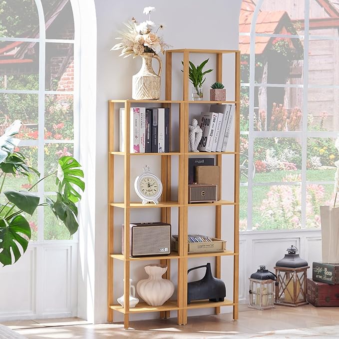 54in Tall Bookshelf 5-Tier Small Narrow Bookcase, Skinny Book Shelf for Small Space, Farmhouse Slim Shelf with Storage, Wood Freestanding Display Thin Bookshelves for Living Room, Natural