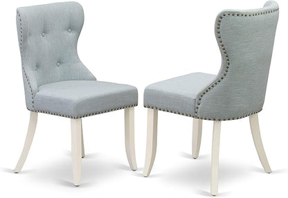 East West Furniture OXSI3-LWH-15 3 Piece Dining Room Furniture Set Contains a Square Dining Table and 2 Baby Blue Linen Fabric Upholstered Parson Chairs, 36x36 Inch, Linen White