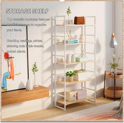 4NM No Assembly 5 Tiers Book Shelves, White Folding Bookshelf Bookcase Open Industrial Foldable Shelves for Bedroom, Living Room, Home Office - Natural White