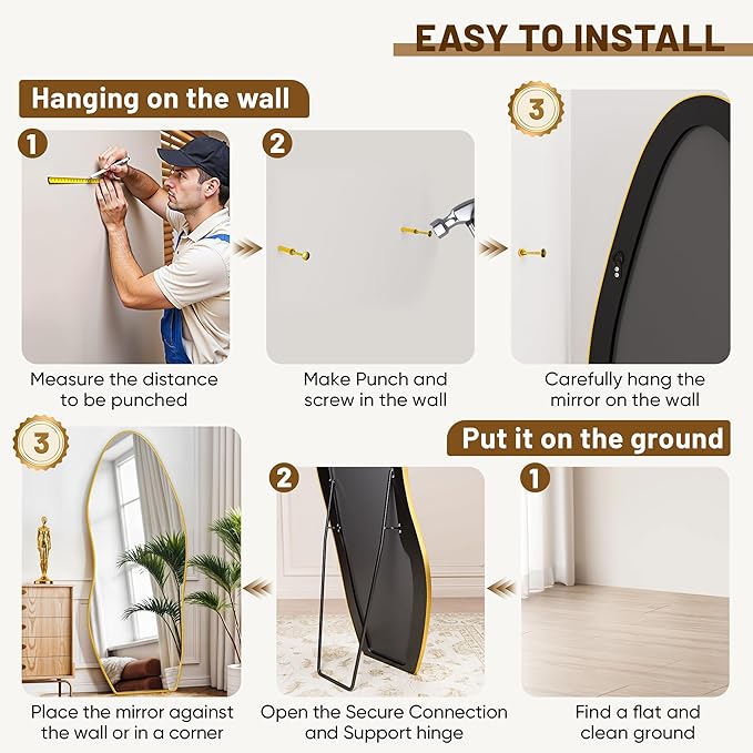 Antok Full Length Mirror, 76"x36" Floor Mirror with Stand, Standing Hanging Leaning Irregular Mirrors for Bedroom Living Room Entryway, Wavy Shaped, Golden
