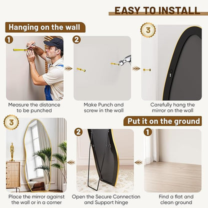 Antok Full Length Mirror, 76"x36" Floor Mirror with Stand, Standing Hanging Leaning Irregular Mirrors for Bedroom Living Room Entryway, Wavy Shaped, Golden