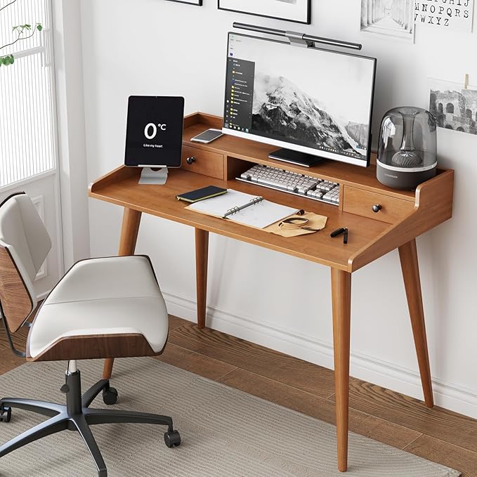 Mid Century Modern Desk, 41" Wood Home Office Writing Computer or Laptop Desk with Monitor Stand Riser and Open Storage Cubby, Vanity Desk with 2 Drawers
