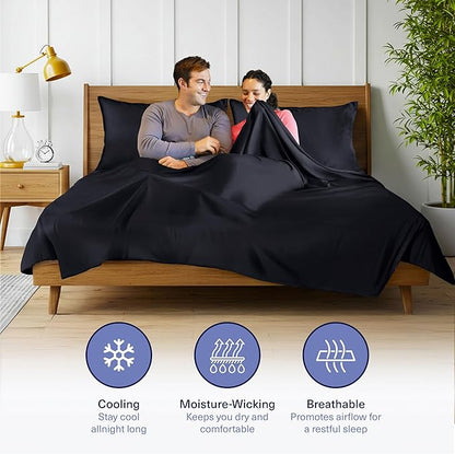 Kickoff Viscose Bamboo Sheets Twin Size 3-pc 100% Organic Bamboo Viscose Bed Cooling Sheets Twin Size Set Cool Bedding for hot Sleepers Sheet, Flat, Fitted, Pillowcase (Onyx Black, T)