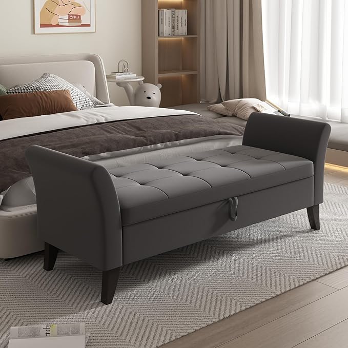 Furniliving 51” Bedroom Bench, End of Bed Bench with Button-Tufted Large Upholstered Storage Bench Ottoman Velvet Window Bench with Storage Shoe Cabinet Bench, for Bedroom, Entryway, Closet, Grey