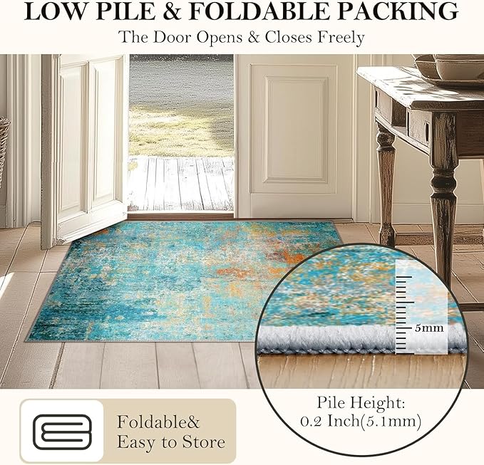Washable Area Rugs 6ft Non-Slip Modern Abstract Soft for Living Room Entryway Bedroom Nursery, Print Pattern, Teal Blue Green Orange Rust Red Coloreful