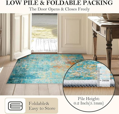 Washable Area Rugs 8ft Non-Slip Modern Abstract Soft for Living Room Entryway Bedroom Nursery, Print Pattern, Teal Blue Green Orange Rust Red Coloreful