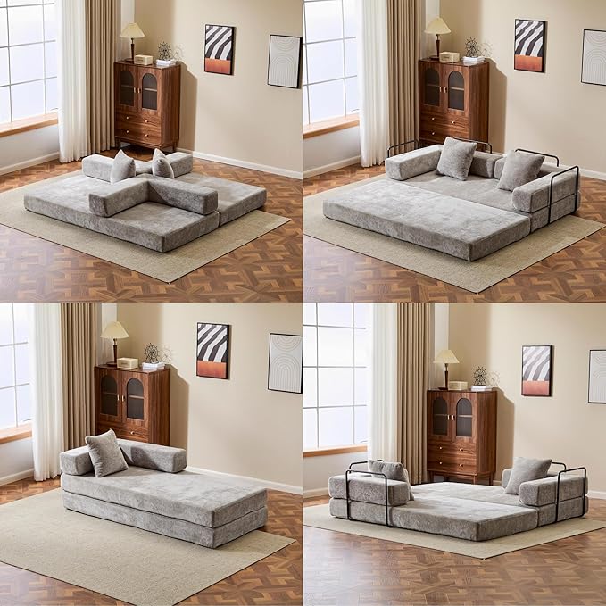 Convertible Sofa Bed, Compression Futon Sofa with Pillows & Armrest, Foldable Mattress Couch with Fixed-Shape Frame, Comfy Couch Lounge Sleeper Bed for Living Room Bedroom, Light Gray