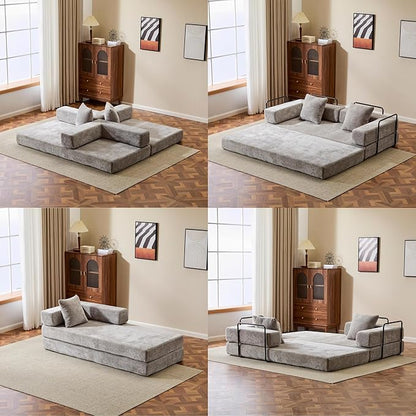 Convertible Sofa Bed, Compression Futon Sofa with Pillows & Armrest, Foldable Mattress Couch with Fixed-Shape Frame, Comfy Couch Lounge Sleeper Bed for Living Room Bedroom, Light Gray