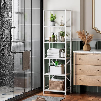 Furologee White Tall Bookshelf, Narrow Bookcase with 6 Shelves, Modern Freestanding Shelf Units, Metal and Wood Display Storage Corner Rack Organizer for Living Room, Home Office, Hallway, Bathroom