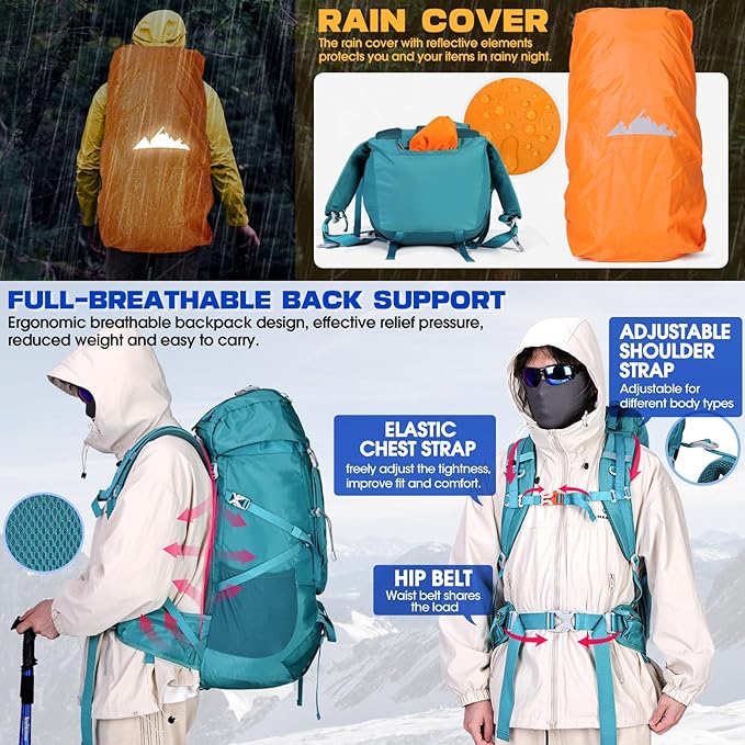 IGOLUMON 60L Hiking Backpack Waterproof Camping Backpack with Rain Cover Large Lightweight Backpacking Backpack for Men Women