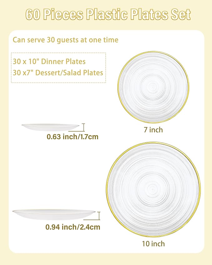 Morejoy 60Pcs Clear Plastic Plates,Clear Disposable Plates With Gold Rim,Heavy-duty Gold Plate, Modern swirl design Plate Include 30Clear Dessert-Platos,30Dinner-Platos for Party&Christmas