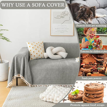 HANDONTIME Dark Grey Slipcover for Sofas - Boho Pet Couch Protector With Tassel - Chenille Herringbone Cover for 2-3 Seat Sofa - 91" X 134"