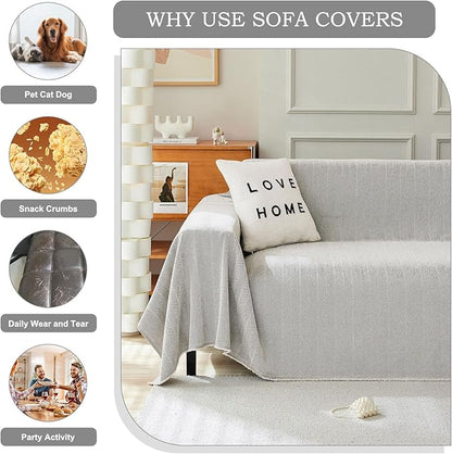 STACYPIK Soft Silver Gray Sofa Cover, Herringbone Couch Cover for Sectional, Pet Friendly Couch Protector for 3 Cushion Couch, Washable Chenille Sofa Covers for L-Shaped, Multi-Use Blankets-91X118IN