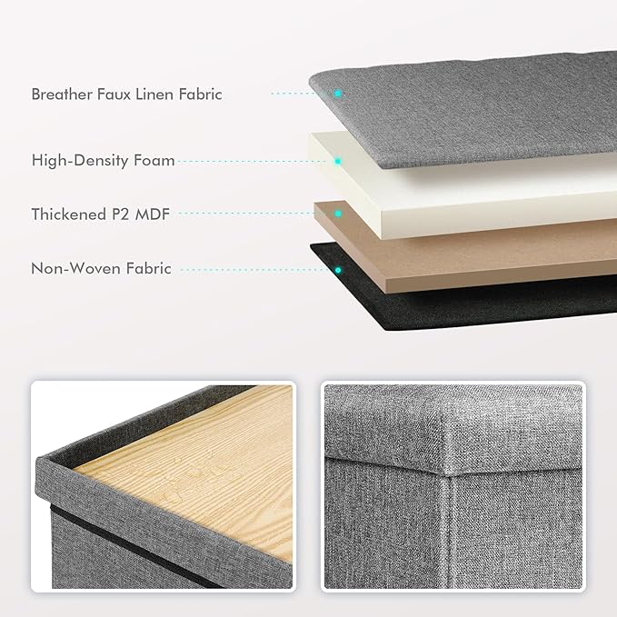 B FSOBEIIALEO Storage Ottoman with Tray, Small Ottomans Cube Folding Coffee Table Foot Stool Footrest Seat, Dark Grey Linen 16"X15.7"x15"