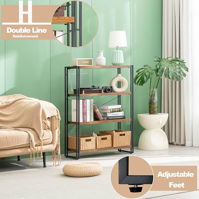 HCHQHS Bookshelf, 4-Tier Industrial Bookcase, Rustic Open Book Shelf, Freestanding Tall Bookshelves with Metal Frame