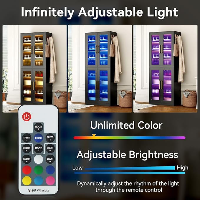 LITTLE TREE Stylish 8-Tier Vertical Shoe Rack with Built-in LED Lighting, Doors for Dust Protection, and Convenient External Hooks, Shoe Cabinet for Entryway, Living Room, Bedroom, Black