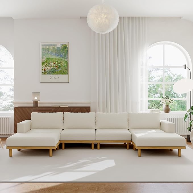 Acanva Minimalist Modular Sectional Sofa for Living Room, Wide & Deep Seat Convertible Furniture Set with Metal Frame and Movable Covers, U-Shaped Couch, Off White