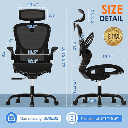 GABRYLLY Ergonomic Mesh Office Chair, Adjustable Home Desk Chair with Folding Armrest, 2D Headrest, Soft Seat and PU Wheel, Black Swivel Task Chair for Office, Business, Student (GY1108)