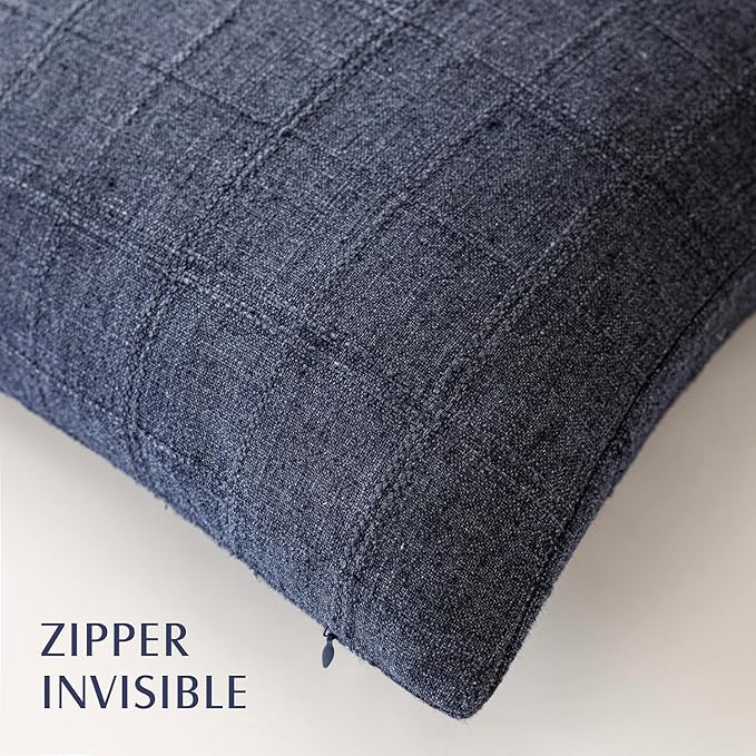 Foindtower Set of 2 Decorative Linen Check Throw Pillow Covers Neutral Farmhouse Vintage Cushion Covers Modern Boho Home Decor for Sofa Chair Couch Bedroom Living Room Outdoor,26×26 Inch,Navy Blue