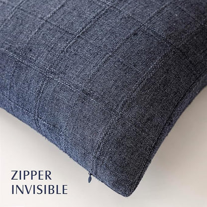 Foindtower Set of 2 Decorative Linen Check Throw Pillow Covers Neutral Farmhouse Vintage Cushion Covers Modern Boho Home Decor for Sofa Chair Couch Bedroom Living Room Outdoor,26×26 Inch,Navy Blue