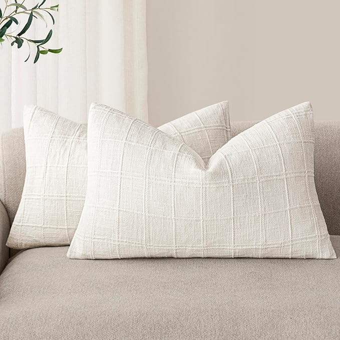 Foindtower Set of 2 Decorative Linen Check Throw Pillow Covers Neutral Farmhouse Lumbar Cushion Covers Modern Boho Home Decor for Sofa Chair Couch Bedroom Living Room Outdoor,12×20 Inch,Cream White