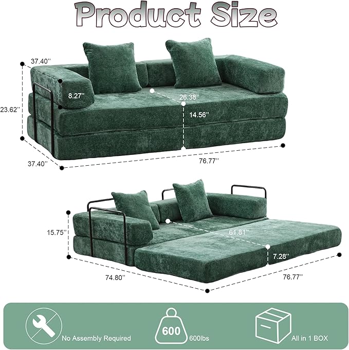 Convertible Sofa Bed, Compression Futon Sofa with Pillows & Armrest, Foldable Mattress Couch with Fixed-Shape Frame, Comfy Couch Lounge Sleeper Bed for Living Room Bedroom, Dark Green