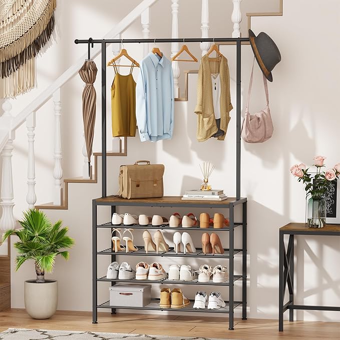 Hall Tree, Entryway Shoe Rack with Coat Rack, 5 Tier Adjustable Shoe Storage with 45.7" Long Coat Rack for Front Door, Garage, Closet, Freestanding, Industrial, Rustic Brown and Ink Black