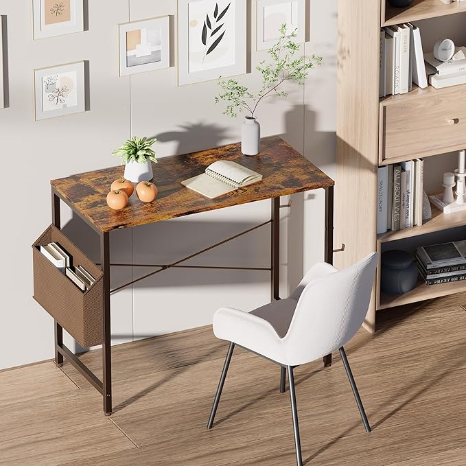 Pamray 32 Inch Computer Desk for Small Spaces with Storage Bag, Home Office Work Desk with Headphone Hook, Small Office Desk Study Writing Table
