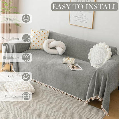 HANDONTIME Dark Grey Slipcover for Sofas - Boho Pet Couch Protector With Tassel - Chenille Herringbone Cover for 2-3 Seat Sofa - 91" X 134"