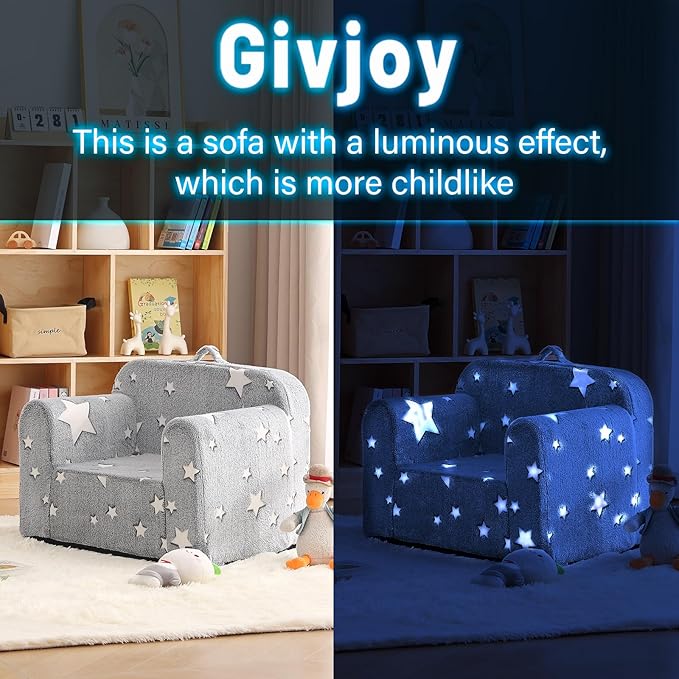 Toddler Chair Plush Kids Couch, Comfy Glow in The Dark Armchair with Removable and Washable Cover Carrying Handle Kids Sofa, Convertible Reading Chair Toddler Couch for Girls and Boys