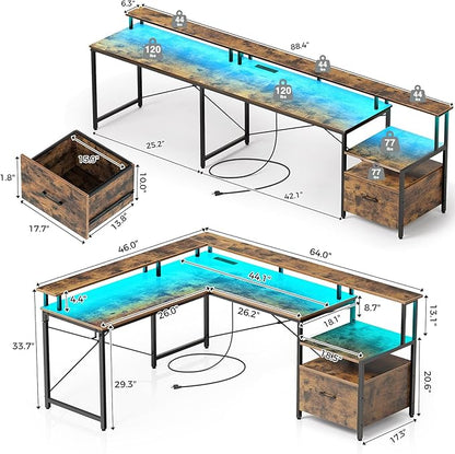 Rolanstar L Shaped Gaming Desk with Drawers, 64" Reversible Computer Desk with Power Outlet & LED Strip, Corner Desk with File Cabinet & Monitor Stand, Home Office Desk, Rustic Brown