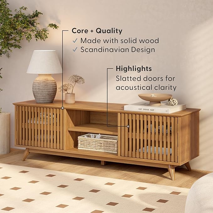 Plank+Beam Mid-Century Modern Wood TV Stand, Solid Wood Entertainment Console with Storage, 59" L x 16" W x 19" H, Pecan