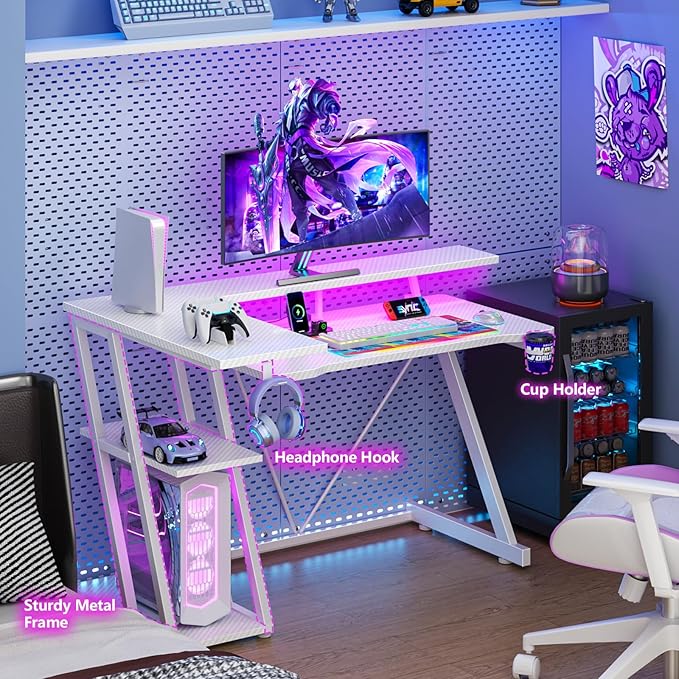 40 Inch Gaming Desk with Power Outlet & LED Lights, L Shaped Computer Gaming Table with 3 Tiers Storage Shelves, Corner Gamer Desk with Monitor Stand for Small Space, Carbon Fiber White