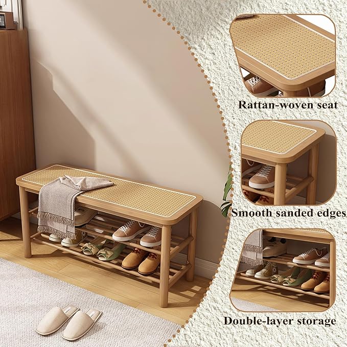 Bamboo Shoe Rack Bench with Rattan Seat, 3-Tier Shoe Storage Bench, Entryway Bench for Hallway,Nature-39.4 inches