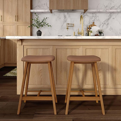 Plank+Beam Beryl Counter Height Stool - Mid-Century Modern Rubberwood Bar Stool with Faux Leather Seat, Metal Footrest, Easy Assembly, 2-Pack, Pecan/Toffee