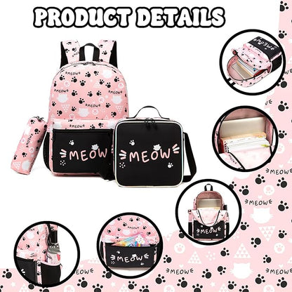 Backpack for School Kids Backpacks for Girls Bookbag Set Backpacks for Teen Girls with Lunch Box Pink Cat Preppy Backpack for School